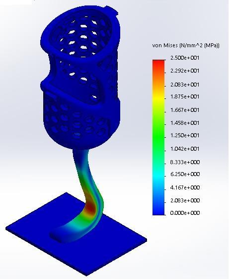 Resultados Figura 6- Prótese no software Markerbot e suportes gerados para impressão 3D Na Figura 7, é possível observar o resultado obtido na análise de cargas estáticas executado no software