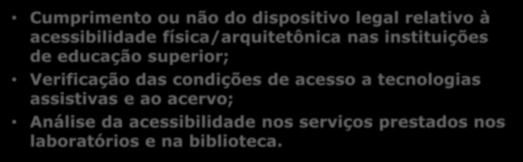 AVALIAÇÃO DA ACESSIBILIDADE NO EIXO 5 (DEMONSTRÁVEL NO RELATÓRIO DA CPA) Cumprimento ou não do dispositivo legal relativo à acessibilidade física/arquitetônica nas instituições