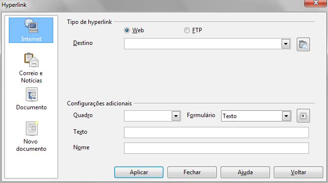 A insercao de um hyperlink pode ser realizada atraves da opcao Hyperlink, no menu Inserir, ou apos selecionar-se o ponto de referencia clicar no icone hyperlink, na barra de