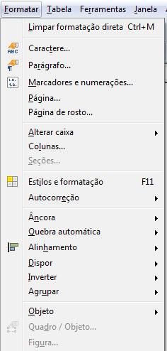 MENU FORMATAR Através do menu Formatar, pode-se alterar as caracteristicas das fontes, dos paragrafos, das paginas, das