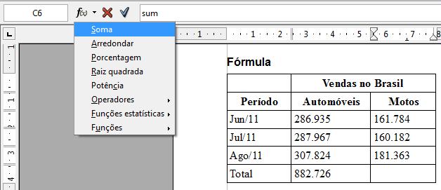 Fórmula A opcao Fórmula, do menu Tabela, permite a insercao de formulas nas tabelas criadas no editor, de maneira bastante semelhante a uma planilha eletronica.