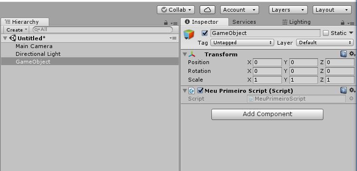 Figura 9 - Adicionando um script a um GameObject Para podermos visualizarmos qualquer informação impressa pelo comando print, devemos habilitar (caso não esteja) a janela de console da Unity,