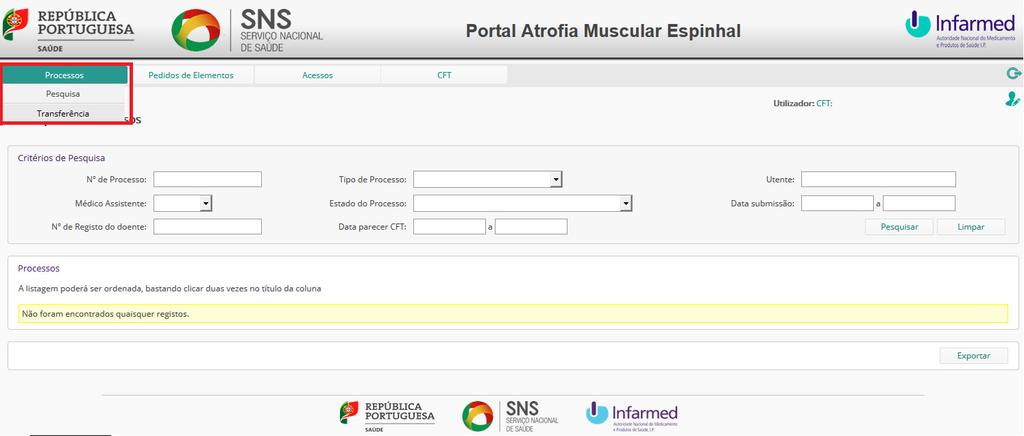 Após entrar no portal, clicar no separador Processos e