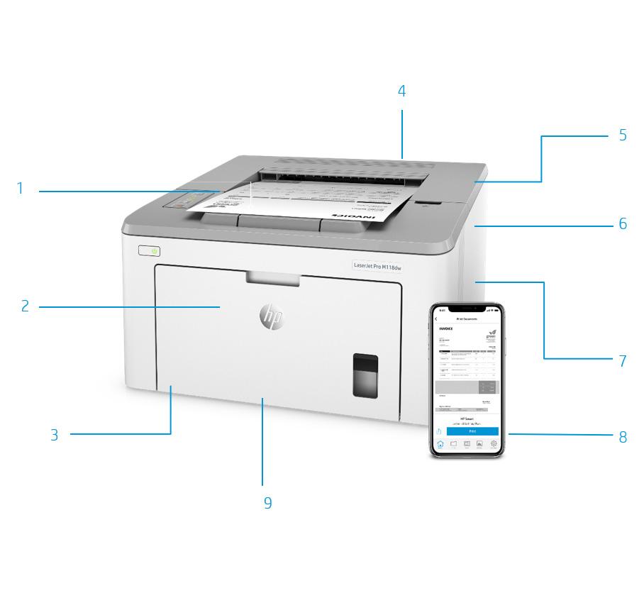 Ficha técnica Descrição do produto Impressora apresentada 1. Impressão frente e verso automática 2. Tecnologia Auto-On/Auto-Off HP 3. Toner preto de precisão para começar a imprimir 1000 páginas 4.