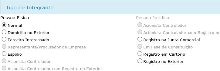 No campo de TIPO DE INTEGRANTE, selecionar a opção NORMAL para Pessoa Física ou quando