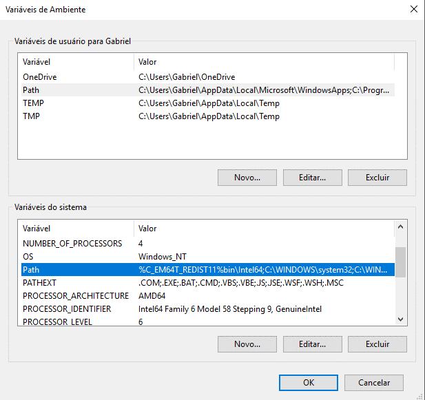 Repetir o procedimento para Variáveis do sistema.