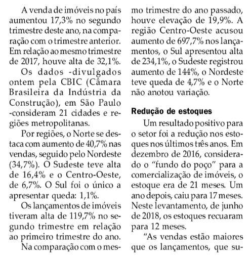 CLIPPING DE NOTÍCIAS Título: Venda de imóveis no Brasil cresce 17,3% no 2º trimestre Veículo: Jornal
