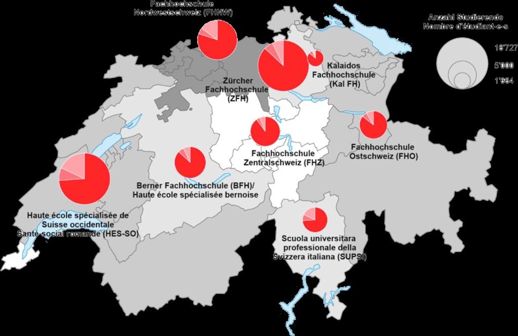 Location and size of the Swiss UAS Swiss Foreigners