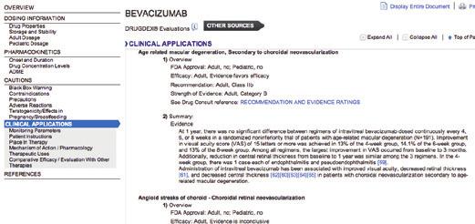 Detalhes de estudos Estudos citados na totalidade Classificações de provas e força de eficácia Imagem do ecrã da secção de aplicações clínicas no IBM Micromedex da monografia de Bevacizumab A nossa