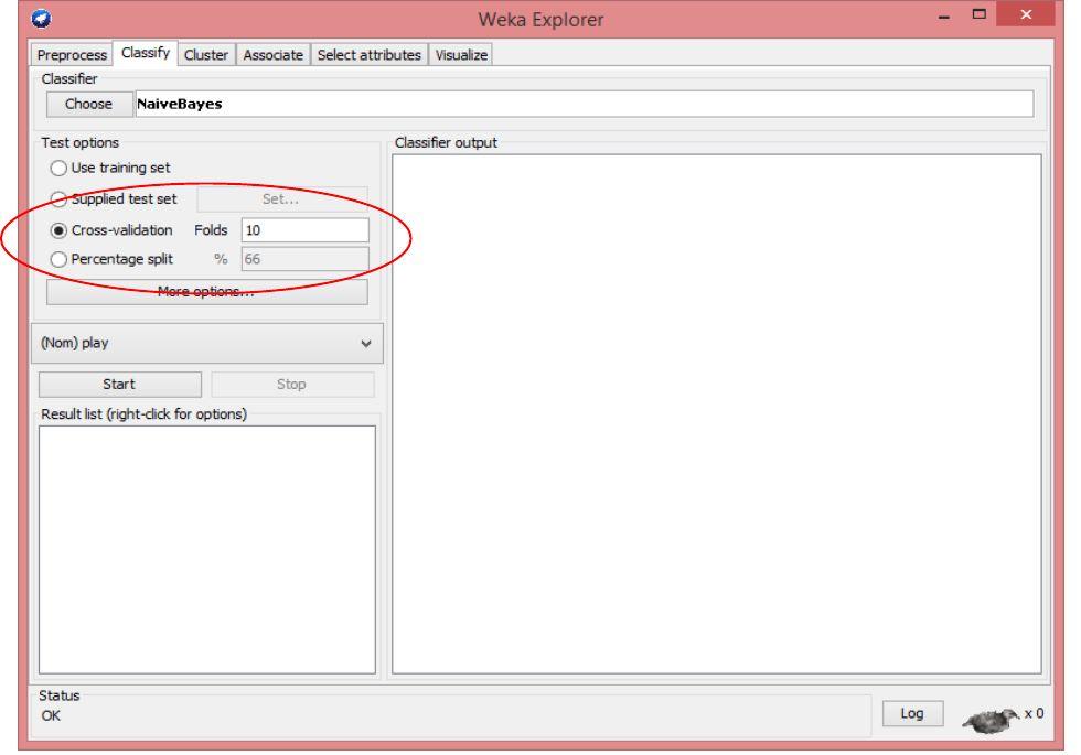 3. Para dividir o dataset em training set and testing set, escolha a Cross-validation de 10 vezes.