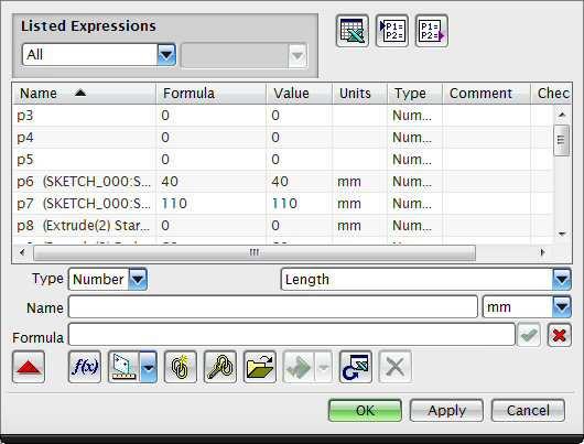 MODELING - Expression Através de TOOLS, EXPRESSION ou CTRL+E é possível entrar no editor de parâmetros.