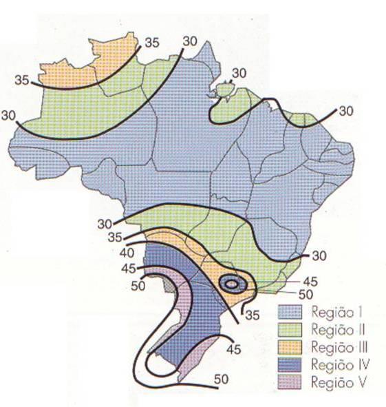 Gráfico das isopletas da velocidade básica do vento; Vo em m/s no Brasil Região m/s km/h