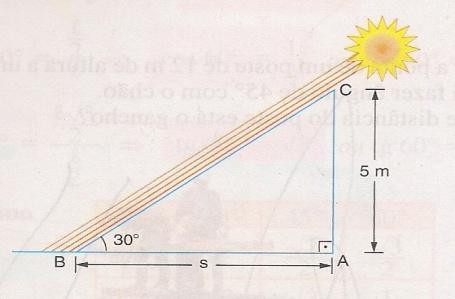 5)Qual é o comprimento da sombra de uma árvore de 5 m de altura quando o sol está 30º acima do horizonte?