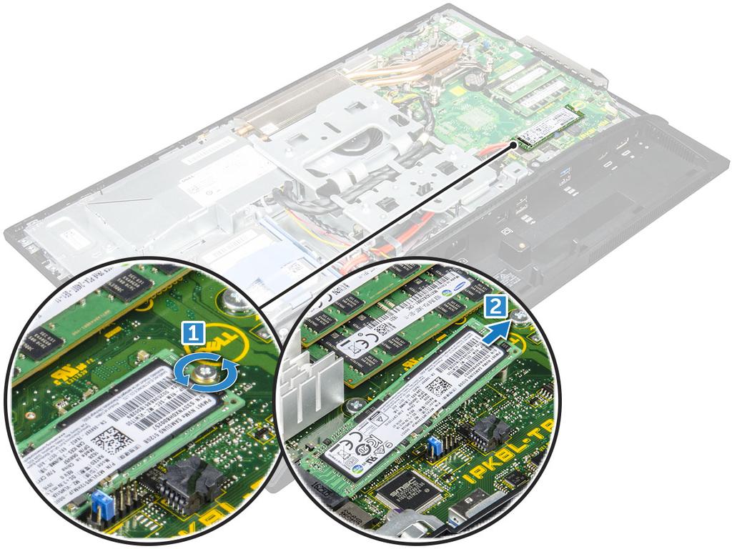 Instalar a placa SSD 1 Introduza a placa SSD dentro do conector. 2 Aperte o parafuso para fixar a placa SSD à placa de sistema.