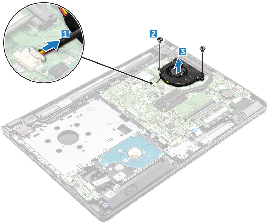 a b c d bateria unidade óptica teclado tampa da base 3 Para remover a ventoinha do sistema: a Desligue o cabo do conector da ventoinha de sistema da placa de sistema [1].