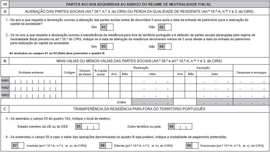 QUADRO 10 - PARTES SOCIAIS ADQUIRIDAS AO ABRIGO DO REGIME DE NEUTRALIDADE FISCAL ANEXO B QUADRO 10A - ALIENAÇÃO DAS PARTES SOCIAIS (Artigo 38.º do CIRS) OU PERDA DA QUALIDADE DE RESIDENTE (Artigo 10.