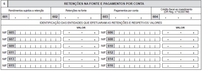 O somatório dos valores inscritos neste quadro deve corresponder ao valor constante do campo 469 ou 470 do quadro 4.