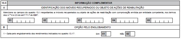 QUADRO 13.3 INFORMAÇÃO COMPLEMENTAR QUADRO 13.