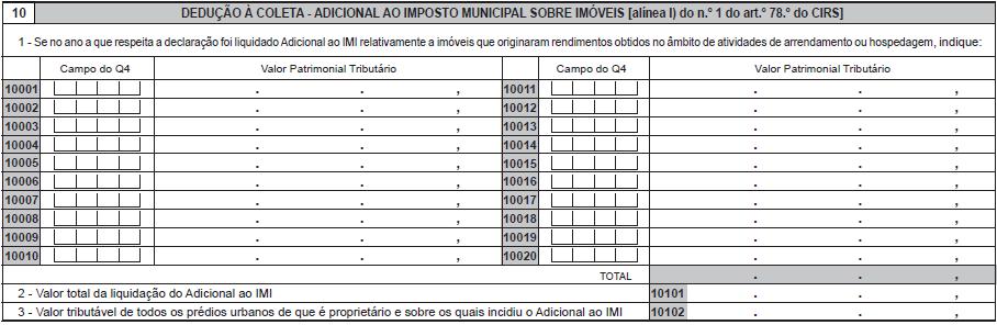 QUADRO 10 - DEDUÇÃO À COLETA - ADICIONAL AO IMPOSTO MUNICIPAL SOBRE IMÓVEIS [alínea l) do n.º 1 artigo 78.