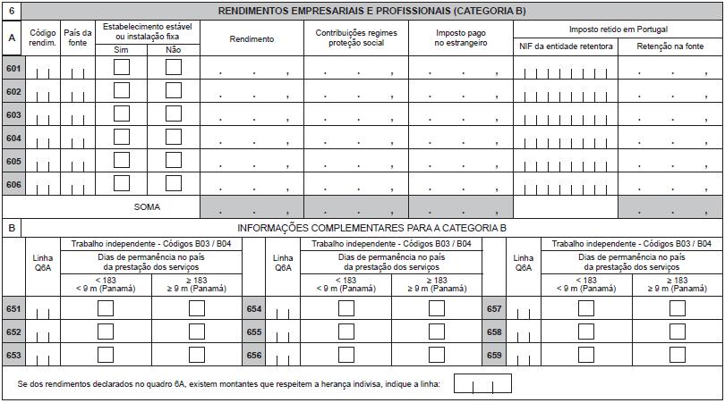 QUADRO 6 - RENDIMENTOS EMPRESARIAIS E PROFISSIONAIS (CATEGORIA B) QUADRO 6 - RENDIMENTOS