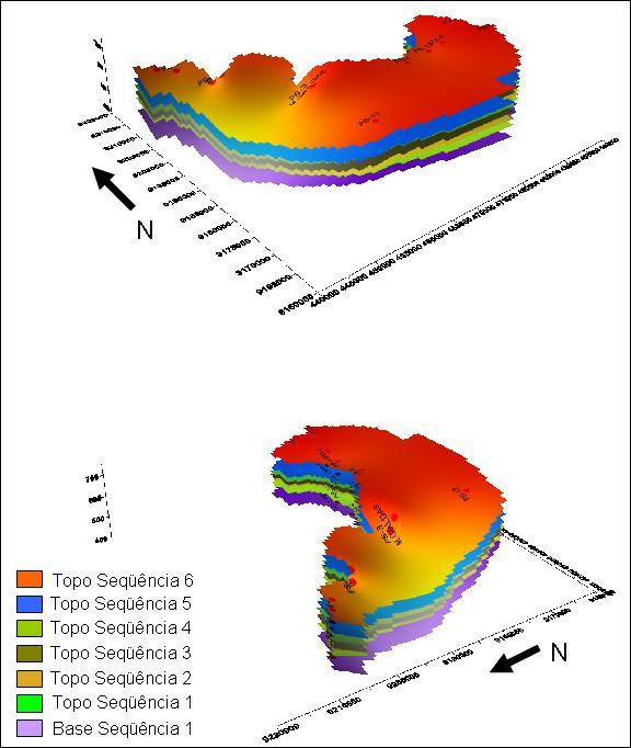 84 Figura 5.7 - Visualização tridimensional das seqüências deposicionais identificada na área de estudo. continuidade das seqüências identificadas ao longo da área de estudo.