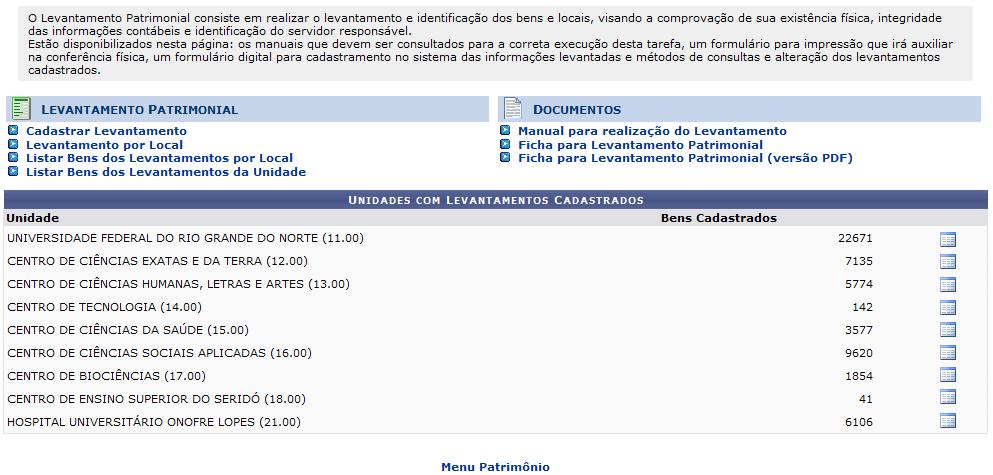 A partir desta tela o usuário poderá listar levantamentos cadastrados para cada unidade da Instituição. Para retornar ao menu do módulo Patrimônio, clique no link Menu Patrimônio. 4.9.1.