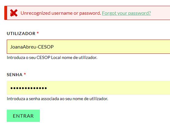 de inserir o seu username e password.