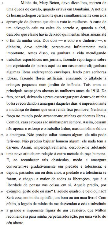 TEXTO CB3A1AAA 3. Somente após receber a herança da tia, a narradora tornou-se uma mulher independente, capaz de governar-se pelos próprios meios. 4.