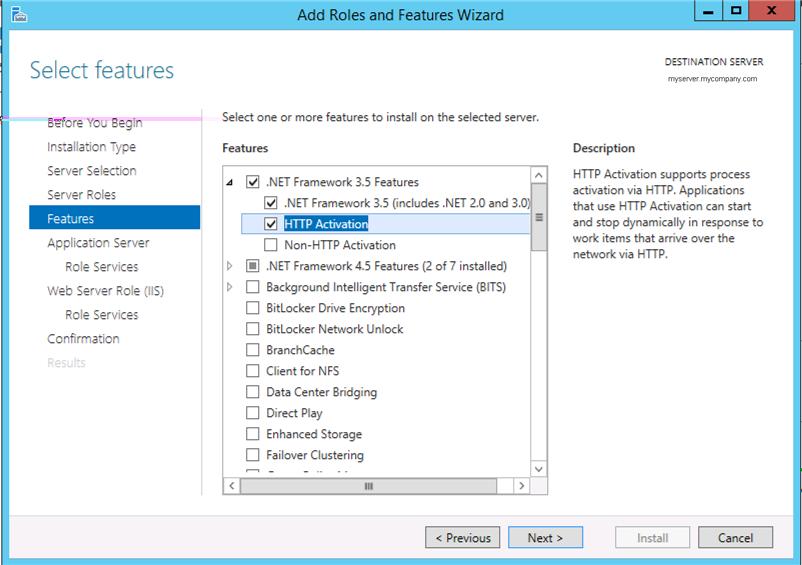 Clique em Adicionar Recursos. Observação No Windows Server 2008 R2, selecione estas opções: Recursos do.net Framework 3.5.NET Framework 3.
