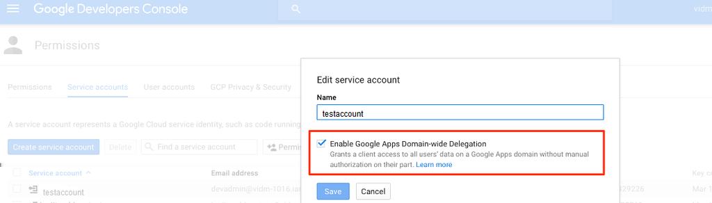 2 Depois de criar a conta de serviço do Google, habilite a delegação de todo o domínio do Google Apps.