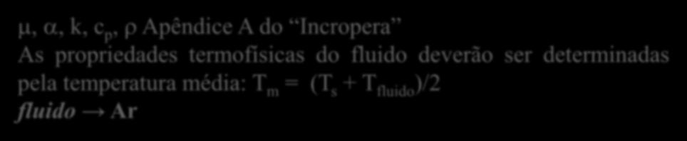 Estimativa do coeficiente de convecção (h) teórico Pr cp k Número de Prandtl : viscosidade dinâmica do fluido (no SI: kg/m.s) = k/.