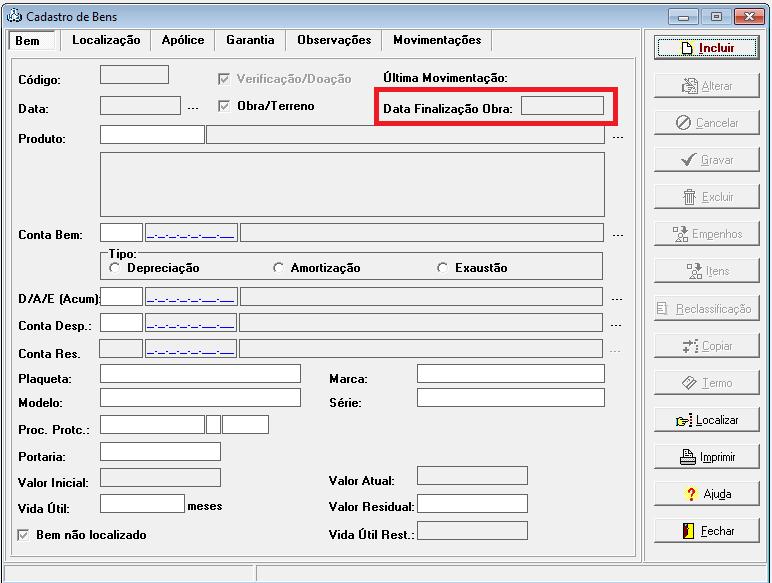 Data de Finalização Obra, para que comece o processo de Depreciação.