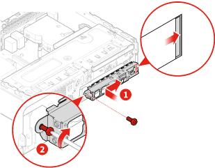 Figura 104. Instalar o suporte de E/S anterior 5. Ligue o cabo do botão para ligar/desligar e o cabo do leitor de cartões à placa de sistema. 6. Conclua a substituição.