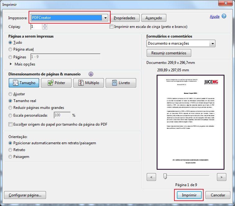 Selecione a impressora virtual PDF