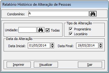 Selecione o condomínio, a unidade, o tipo de alteração, as datas inicial e final e clique em visualizar, caso deseje