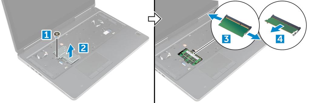 d Levante o módulo de memória e retire-o do computador [4]. Instalar o módulo de memória secundária 1 Introduza o módulo de memória no respectivo encaixe.