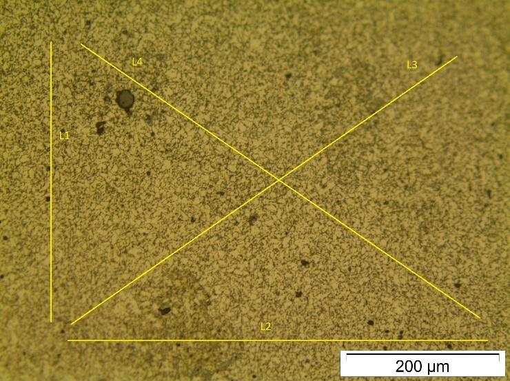 Figura 10 - Micrografia da ZTA do lado esquerdo após os passes de enchimento, aumento de 200x, ataque Nital 2%. (Autoria Própria, 2018) Tabela 6 Diâmetros médios de grão para cada passe de soldagem.
