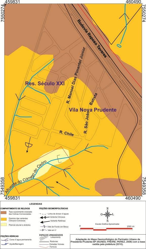 Figura 5: Recorte do Mapa Geomorfológico do Perímetro Urbano de Presidente Prudente. Área da Vila Nova Prudente e Residencial Século XXI. Destaque para a área de deposição tecnogênica.