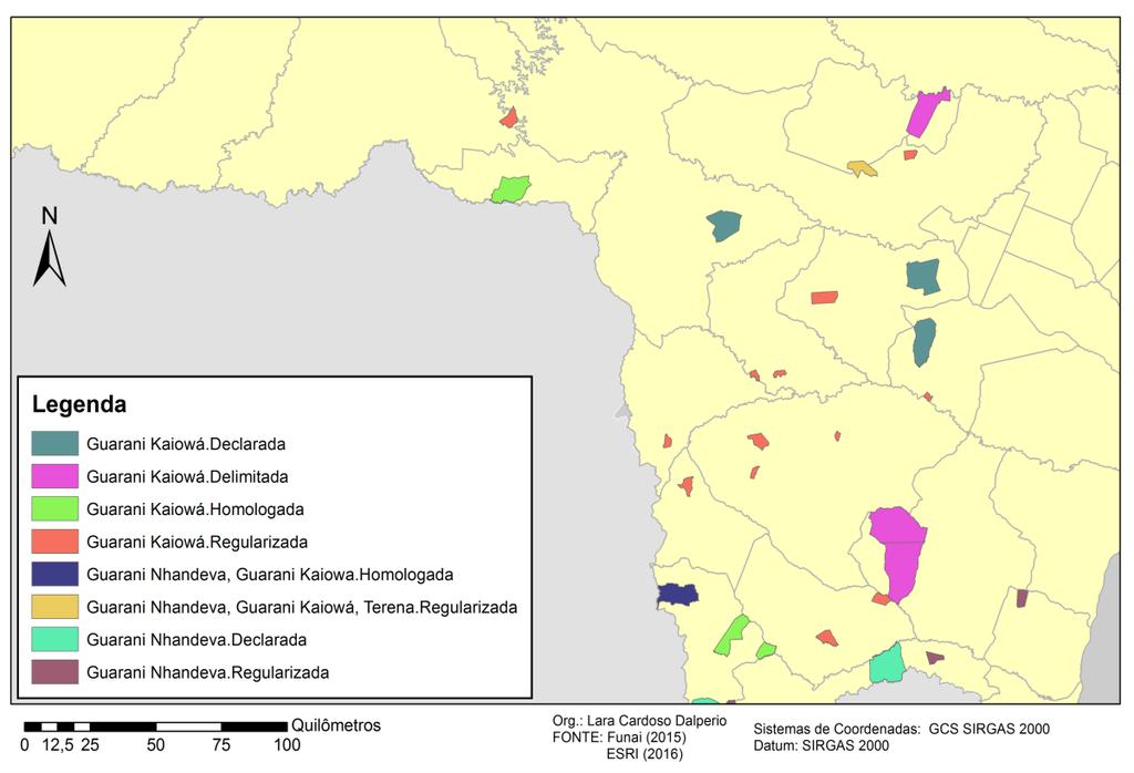 Os números dos assassinatos indígenas Guarani-Kaiwá 124 Segundo dados da Funai (2015) sistematizados no quadro 1 e mapa 2, existem três terras Declaradas no estado do Mato Grosso do Sul Guyraroká,