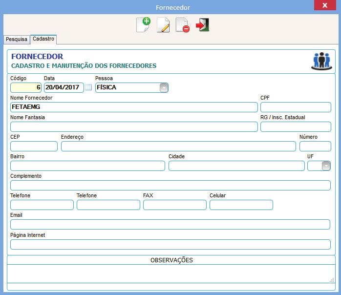 cadastros do sistema possuem mais de uma ABA.