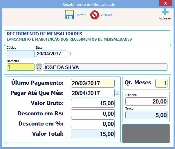 Recebimento Mensalidade Ao clicar no botão Mensalidade, surge a tela de recebimento de mensalidade. Neste campo pode-se localizar o Sócio pelo código ou pelo nome.