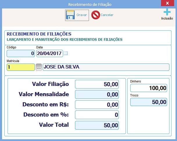 meses o valor da mensalidade será preenchida com a quantidade de meses configurado. Nestes campos o usuário pode dar desconto em real ou % percentual sobre o valor.