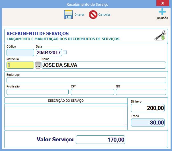 Recebimento Serviço Ao clique no botão Serviço, surge a tela de recebimento de serviços. Neste campo pode-se localizar o Sócio pelo código ou pelo nome.