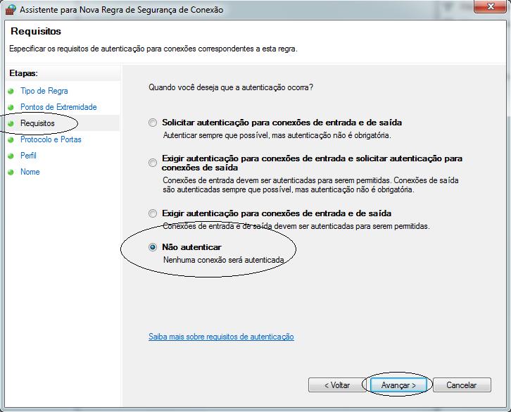 6. No assistente na etapa Protocolo e Portas selecione na caixa combo Tipo de protocolo o item do menu TCP.