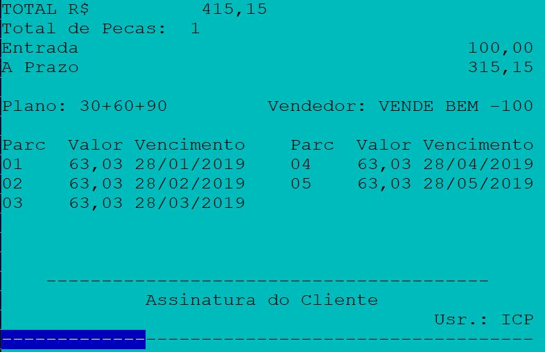 13º Ocorrência Melhoria no comprovante de carnê reduzido OS: 2804 Solicitante: NEXTCOMPANY Na venda a prazo com entrada em cartão, o valor das parcelas do cartão está sendo impresso no boleto de