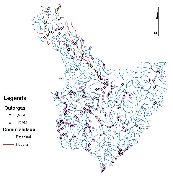 Figura 2 Outorgas e suas dominialidades na bacia do rio Pacaratu, considerando os dados referentes a janeiro de 2010.