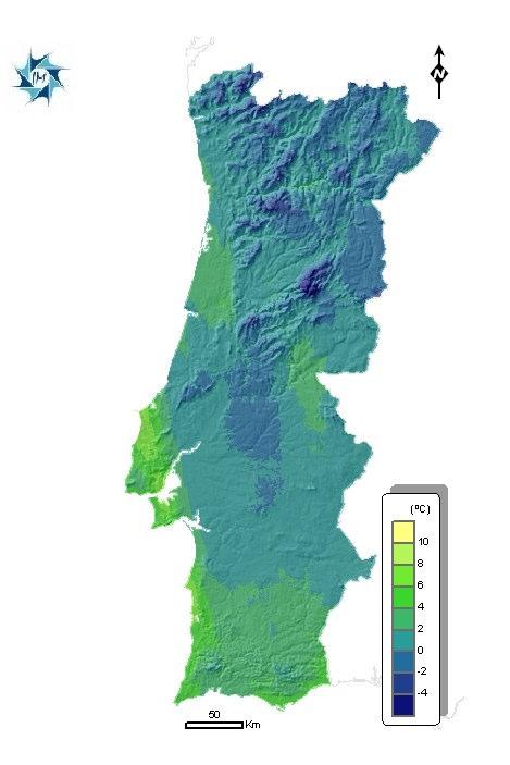 Figura 6 Representação espacial dos valores da temperatura mínima no dia 27de Novembro 2005 Número de dias Na Figura 7(a) apresenta-se a distribuição espacial do número de dias com temperatura mínima