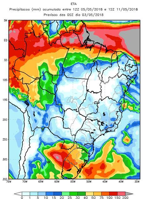 Figura 1 - Precipitação acumulada prevista pelo modelo ETA (CPTEC/INPE) para o período de 05/05 a 11/05/18 Nas bacias dos rios Paranapanema, Grande, Paranaíba e Iguaçu, e parte das bacias dos rios