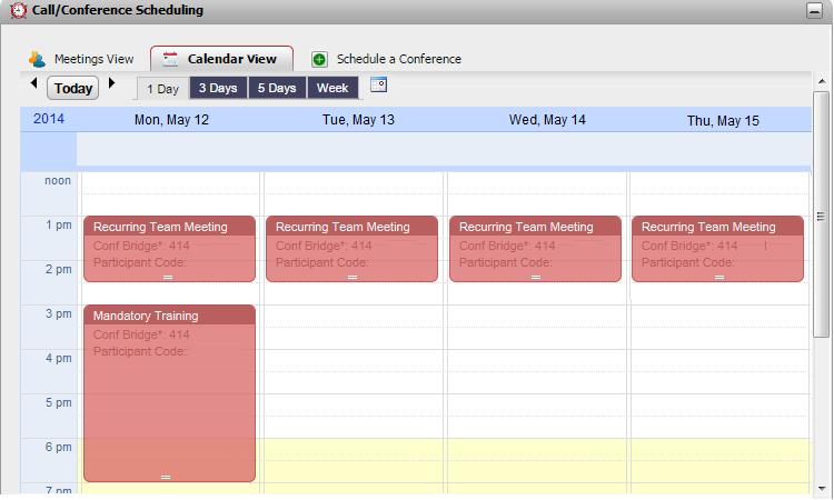 Chamadas de conferência: Agendamento de conferência 4.13.1 Visualizar seu calendário de conferências A Visualização de calendário mostra suas conferências agendadas em um estilo de agenda tradicional.