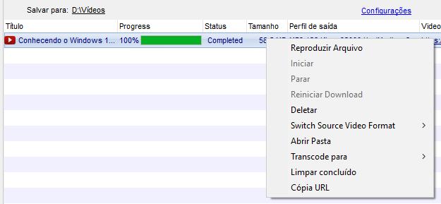 9º) O download da mídia será iniciado a após terminar será feita automaticamente a conversão para o formato de saída escolhido; 10º) Para visualizar a mídia, abra a pasta de destino ou clique com o